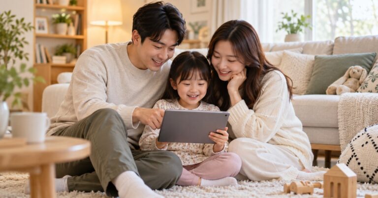 거실에서 태블릿으로 정부 혜택을 확인하는 가족